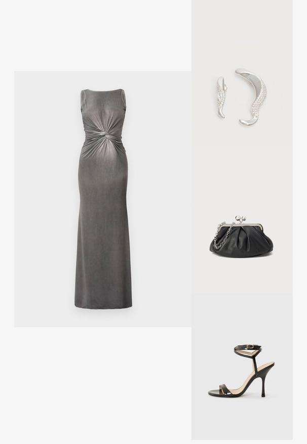 Robe maxi ajustée grise avec un décolleté en scoop et un détail torsadé à la taille. Fabriquée dans un tissu doux et lisse avec une texture légèrement brillante.; Sandale à talons hauts en cuir verni noir avec une fine bride de cheville et une boucle, orteil ouvert et talon aiguille mince sur fond blanc.; Porte-monnaie en cuir noir avec texture froncée, cadre en métal argenté, fermeture à verrouillage kiss-lock et bandoulière en chaîne. Surface lisse et douce.; Deux boucles d'oreilles argentées courbées, l'une plus grande que l'autre, toutes deux ornées de petits cristaux scintillants le long d'un bord.