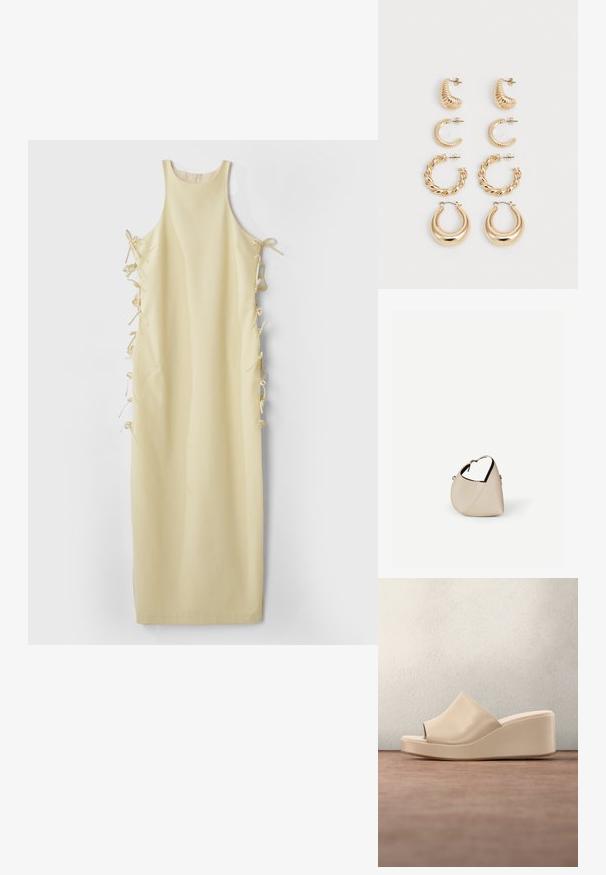 Robe sans manches jaune avec un col haut, dotée de liens latéraux pour un ajustement réglable et d'une texture lisse et douce. Silhouette simple et droite.; Sandale plateforme beige à talon compensé avec bout ouvert et tige lisse, présentée sur un sol gris texturé avec un mur sombre réfléchissant en arrière-plan.; Sac à main en cuir beige en forme de croissant avec une seule bandoulière et des coutures minimalistes, posé sur un fond blanc uni.; Ensemble de cinq boucles d'oreilles en or, avec des designs variés : surfaces torsadées, striées et lisses en formes de créoles et de croissants.