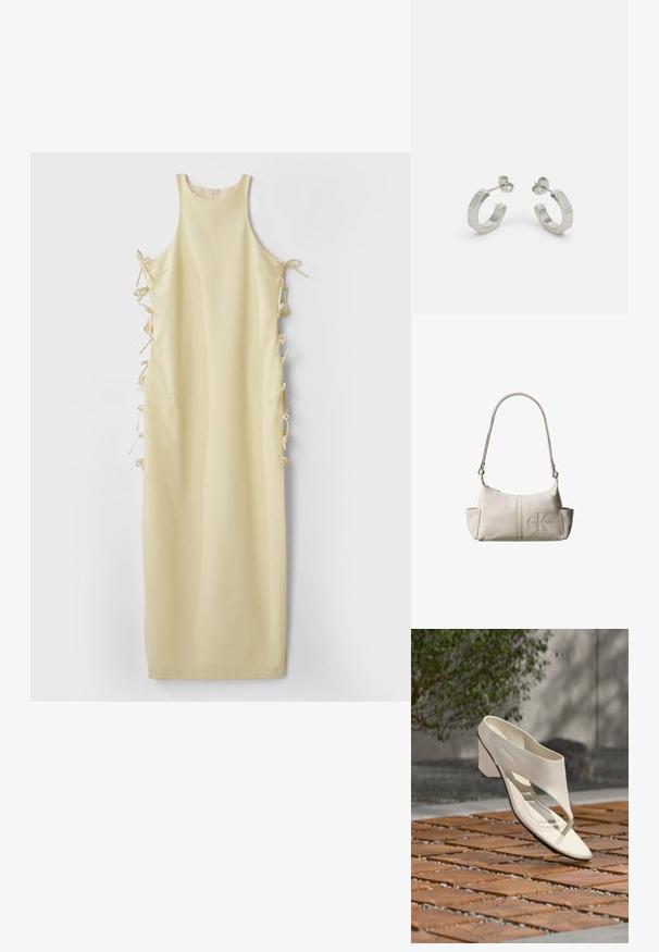 Robe sans manches jaune avec un col haut, dotée de liens latéraux pour un ajustement réglable et d'une texture lisse et douce. Silhouette simple et droite.; Sandale à talon en cuir blanc avec une large bride et un entre-doigts, exposée en extérieur sur une surface carrelée en bois et en gravier avec de la verdure en arrière-plan.; Petit sac à bandoulière en cuir beige avec une sangle ajustable et un logo Calvin Klein embossé au centre avant.; Boucles d'oreilles en métal argenté avec un design texturé, dotées d'un petit fermoir et d'une marque sur une des hoops. Forme arrondie avec une finition polie.