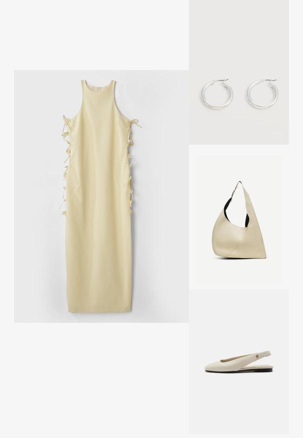 Robe sans manches jaune avec un col haut, dotée de liens latéraux pour un ajustement réglable et d'une texture lisse et douce. Silhouette simple et droite.; Chaussure plate slingback en cuir couleur crème avec un bout arrondi et un petit emblème doré sur la bride.; Sac à bandoulière en cuir lisse couleur crème, de forme triangulaire arrondie, avec une sangle réglable et une boucle en argent.; Paire de boucles d'oreilles créoles moyennes argentées brillantes avec de fines attaches métalliques sur un fond clair et neutre.