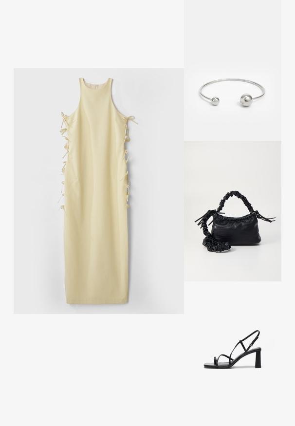 Robe sans manches jaune avec un col haut, dotée de liens latéraux pour un ajustement réglable et d'une texture lisse et douce. Silhouette simple et droite.; Sandales à talons hauts noires avec un bout carré, de fines sangles ajustables et un talon bloc épais. Texture en cuir lisse avec un minimum de détails.; Sac à main en simili cuir noir avec une texture crocodile, un dessus resserré et une sangle froncée. A l'apparence douce et compacte.; Bracelet jonc en métal argenté avec deux accents sphériques à chaque extrémité, surface lisse, design ouvert et forme épurée et minimaliste.