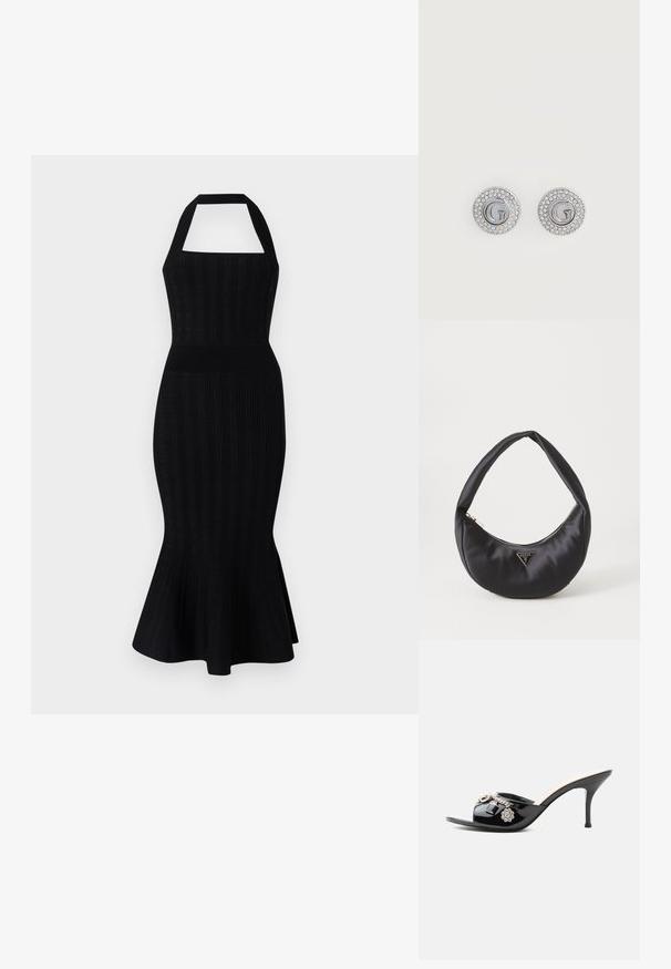 Schwarzes Strick-Midikleid mit einem Halskragen, tailliertem Oberteil, gerippter Textur und schwingendem Saum. Keine sichtbaren Muster oder Akzente.; Schwarzer Lackleder High-Heel Mule mit offenem Zehenbereich und dekorativen silbernen Anhängern, darunter eine Blume und ein Vorhängeschloss am vorderen Riemen.; Schwarze Satin-Handtasche mit geschwungener Form, ausgestattet mit einem Reißverschluss und einem dreieckigen Metallsymbol auf der Vorderseite. Glatte Textur und elegantes Design.; Runde silberne Steckerohrringe mit dem Buchstaben G in der Mitte, umgeben von zwei Reihen kleiner klarer Kristalle.