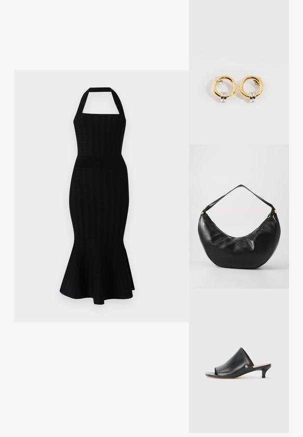 Schwarzes Strick-Midikleid mit einem Halskragen, tailliertem Oberteil, gerippter Textur und schwingendem Saum. Keine sichtbaren Muster oder Akzente.; Schwarze Leder-Pantoletten mit offenen Zehen und niedrigem Absatz. Sie verfügen über eine glatte Oberfläche und ein goldenes Logo-Detail an der Seite.; Schwarze Leder-Schultertasche mit geschwungener Form, weicher Textur und einem einzelnen Riemen; verfügt über einen goldenen Reißverschluss und dezente Markenkennzeichnung.; Goldene runde Ohrringe mit jeweils zwei kleinen silbernen Ringen, die dezent gravierte Markennamen zeigen, vor weißem Hintergrund platziert.