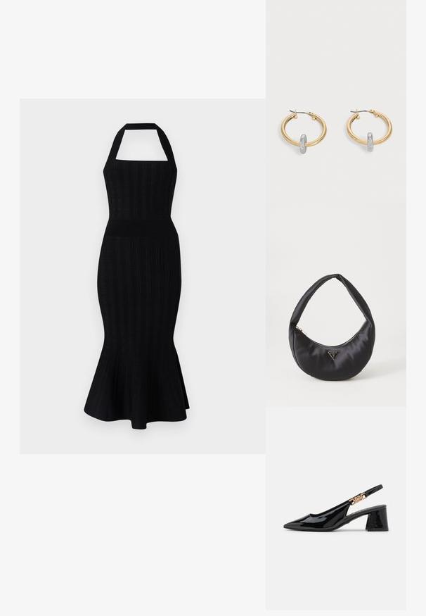 Robes midi en tricot noir avec un décolleté halter, un corsage ajusté, une texture côtelée et une jupe évasée. Aucune motif ou accent visible.; Bottines à talon en vernis noir avec un bout pointu et des accessoires dorés sur la bride, dotées d'un talon bloc. Texture lisse.; Sac à main en satin noir avec une forme courbée, doté d'une fermeture à glissière et d'un logo triangulaire en métal à l'avant. Texture lisse et design épuré.; Paire de boucles d'oreilles créoles dorées avec un petit détail boucle ton argent sur chaque, exposées sur fond gris clair.