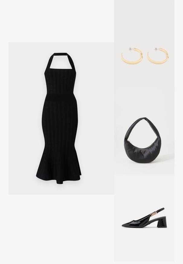 Sort strikket midi kjole med halterneck, tætsiddende overdel, ribbet tekstur og udvidet kant. Ingen synlige mønstre eller detaljer.; Sorte patentlæder slingback pumps med spidse tæer og guldfarvet hardware på remmen, med en blokhælhøjder. Glat tekstur.; Sort satin håndtaske med en buet form, der har en lynlåslukning og et trekantet logo i metal på forsiden. Glat tekstur og slankt design.; Øreringe i guldfarvet tekstureret halvbøjle med stift og sommerfugle-lukkemekanisme på en ensartet hvid overflade.