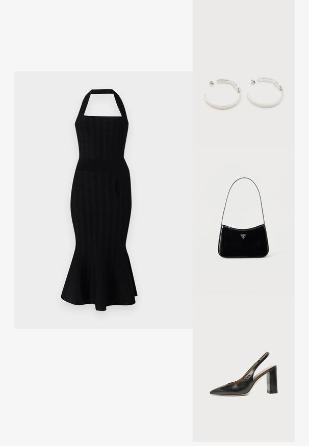 Schwarzes Strick-Midikleid mit einem Halskragen, tailliertem Oberteil, gerippter Textur und schwingendem Saum. Keine sichtbaren Muster oder Akzente.; Schwarzer Leder-Slingback-Schuh mit spitzer Kappe, hohem Blockabsatz und beigegefüttertem Innenraum vor hellem, einfarbigem Hintergrund.; Schwarze Schultertasche aus Lackleder mit schmalem Riemen, dreieckigem Guess-Logo vorne und einem Reißverschluss oben.; Ohrstecker in Silberoptik, halbkreisförmig mit geriffelter Textur und Steckverschlüssen, auf weißem Hintergrund.