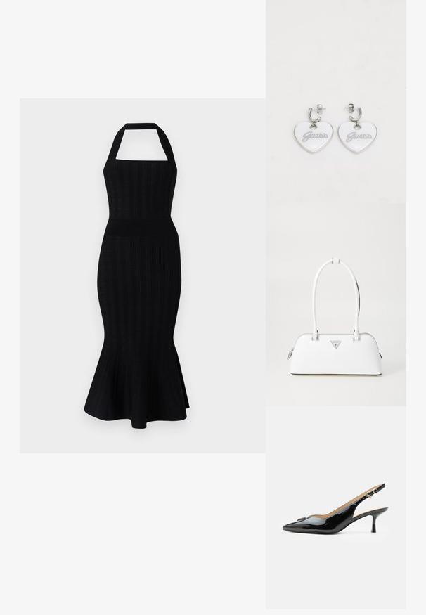 Zwarte gebreide midi-jurk met halterhals, getailleerd lijfje, geribbelde textuur en uitlopende zoom. Geen zichtbare patronen of accenten.; Zwarte lakleren slingback hak met spitse neus, kleine kittenhak en zilveren gespsluiting op een effen witte achtergrond.; Witte leren handtas met een gebogen vorm, voorzien van een zilveren driehoekig logo en ritssluiting. Gladde textuur en dubbele handvaten.; Hartvormige oorbellen van witte kunststof met zilveren hardware. Bevat "Guess" in grijze letters. Glad oppervlak en gepolijste afwerking.