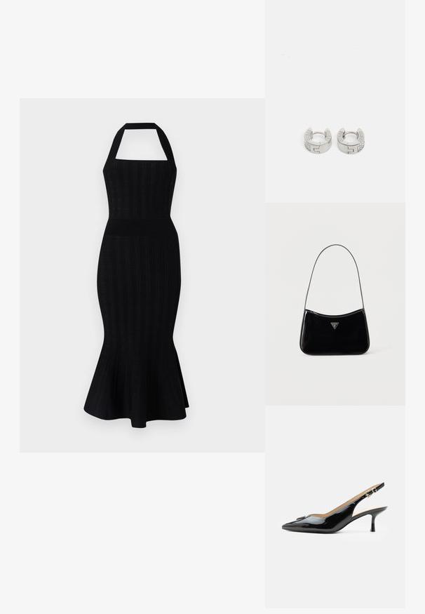 Schwarzes Strick-Midikleid mit einem Halskragen, tailliertem Oberteil, gerippter Textur und schwingendem Saum. Keine sichtbaren Muster oder Akzente.; Schwarzer Pumps mit Riemchen aus Lackleder, spitz zulaufender Zehenpartie, kleinem Kitten-Heel und silberner Schnalle auf weißem Hintergrund.; Schwarze Schultertasche aus Lackleder mit schmalem Riemen, dreieckigem Guess-Logo vorne und einem Reißverschluss oben.; Guess STYLISH - Ohrringe - silver-coloured