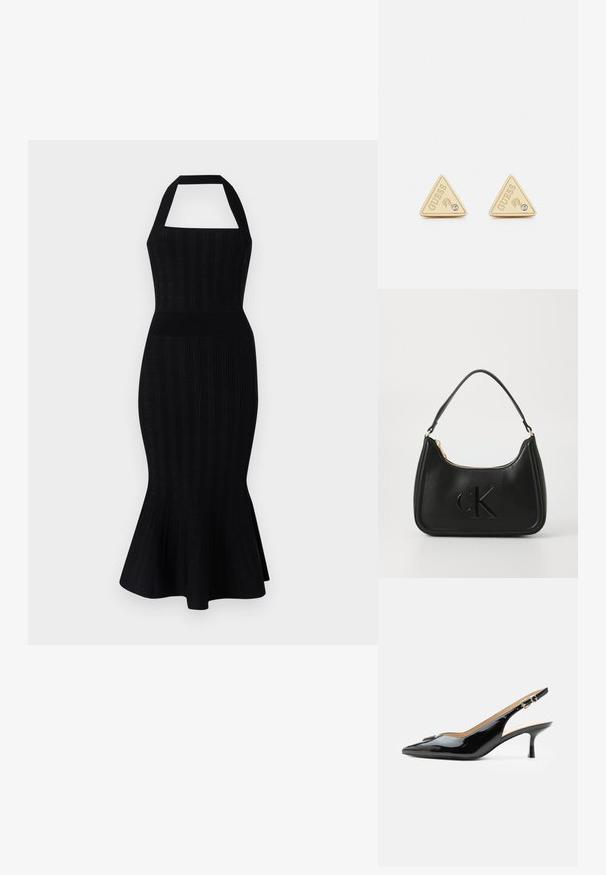 Sort strikket midi kjole med halterneck, tætsiddende overdel, ribbet tekstur og udvidet kant. Ingen synlige mønstre eller detaljer.; Sort patentlæder slingback hæl med spids tå, lille kitten hæl og sølvspænde på en ensartet hvid baggrund.; Sort læder håndtaske med en buet form, der har en guldfarvet lynlås og et subtilt præget "cK" logo. Glat tekstur og et enkelt håndtag.; Guess PARTY - Øreringe - gold-coloured