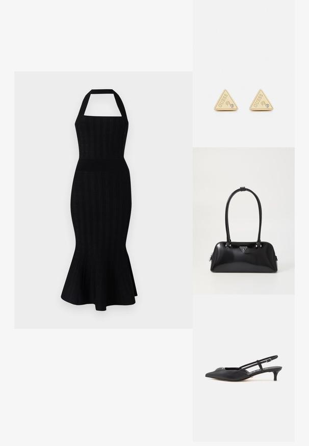 Zwarte gebreide midi-jurk met halterhals, getailleerd lijfje, geribbelde textuur en uitlopende zoom. Geen zichtbare patronen of accenten.; Zwarte slingback schoenen met een puntige neus, gemaakt van glad materiaal, met een kleine hak en een decoratieve zilverkleurige accent op de wreef.; Zwarte glanzende handtas met een gebogen silhouet, twee handvatten en een logo plaatje aan de voorkant. Ritssluiting en glanzende hardware accenten.; Guess PARTY - Oorbellen - gold-coloured