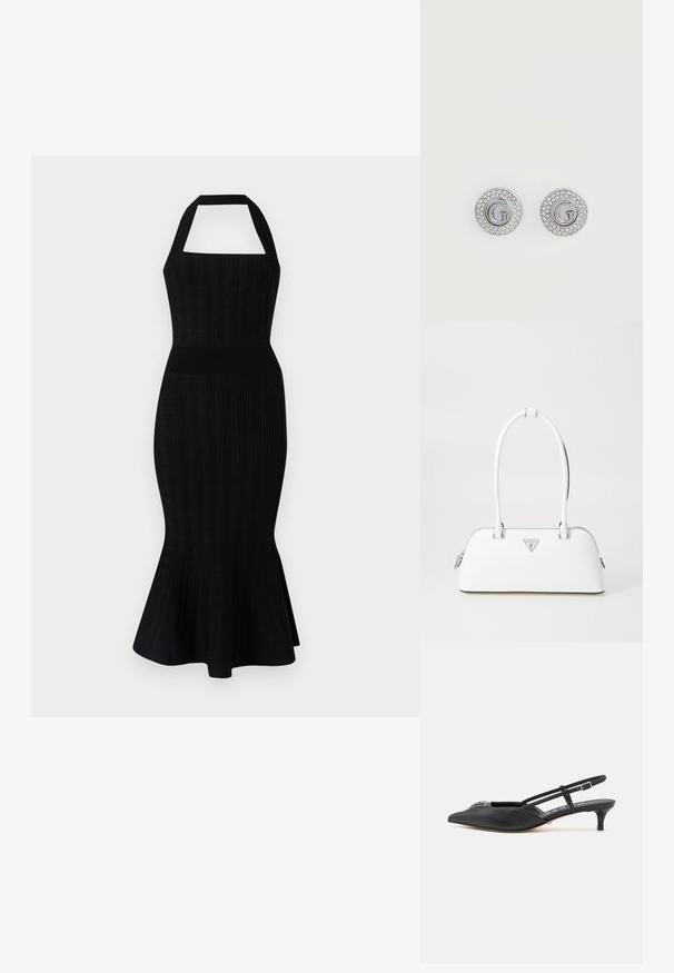 Zwarte gebreide midi-jurk met halterhals, getailleerd lijfje, geribbelde textuur en uitlopende zoom. Geen zichtbare patronen of accenten.; Zwarte slingback schoenen met een puntige neus, gemaakt van glad materiaal, met een kleine hak en een decoratieve zilverkleurige accent op de wreef.; Witte leren handtas met een gebogen vorm, voorzien van een zilveren driehoekig logo en ritssluiting. Gladde textuur en dubbele handvaten.; Ronde zilveren studs met een letter G in het midden, omringd door twee rijen kleine heldere kristallen.