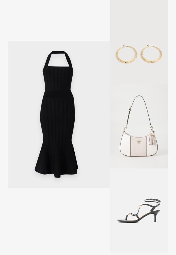 Vestido midi de punto negro con cuello halter, cuerpo ajustado, textura acanalada y dobladillo acampanado. Sin patrones ni acentos visibles.; Sandalia negra con tiras, tacón medio, cuentas doradas de acento y una correa en el tobillo con hebilla sobre fondo blanco.; Bolso de mano blanco texturizado con forma curva, que cuenta con una correa negra, herrajes dorados y etiquetas de marca adjuntas.; Par de pendientes de aro dorados pulidos con postes delgados y cierres con bisagra, exhibidos sobre un fondo liso gris claro.