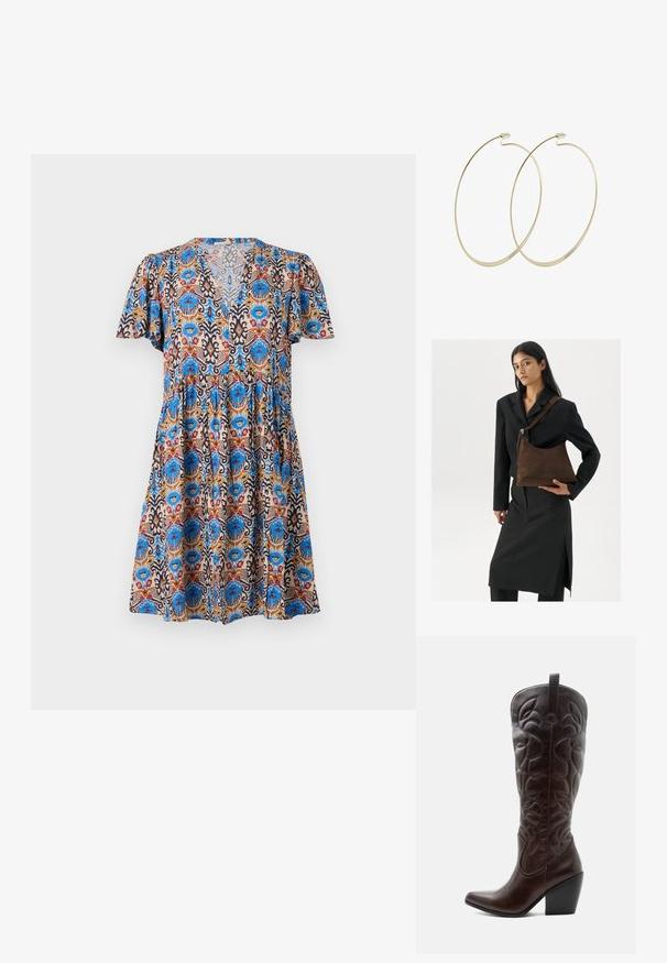 Vestido de manga corta con un colorido estampado floral que presenta tonos en azul, rojo y beige, con escote en V y diseño de falda en capas.; Bota vaquera alta de cuero marrón oscuro con patrones decorativos cosidos, punta puntiaguda y tacón de bloque apilado.; Mujer vistiendo un blazer negro y una falda, sosteniendo un gran bolso de hombro de ante marrón oscuro frente a un fondo blanco.; Pilgrim Pendientes - gold-coloured