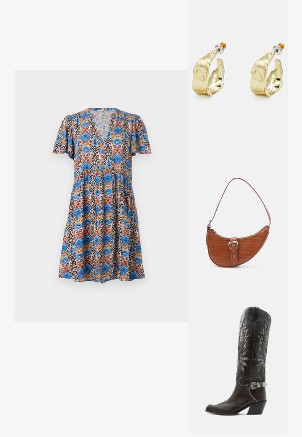 Vestido de manga corta con un colorido estampado floral que presenta tonos en azul, rojo y beige, con escote en V y diseño de falda en capas.; Bota cowboy de cuero negro con recortes decorativos, hebilla plateada y tacón inclinado, presentada sobre fondo blanco.; Vero Moda VMKYRA SHOULDER BAG - Bolso de mano - cognac; Pendientes en tono dorado con forma de manos abstractas, que presentan una superficie brillante, detalles intrincados y un poste de plata y oro para un ajuste seguro.