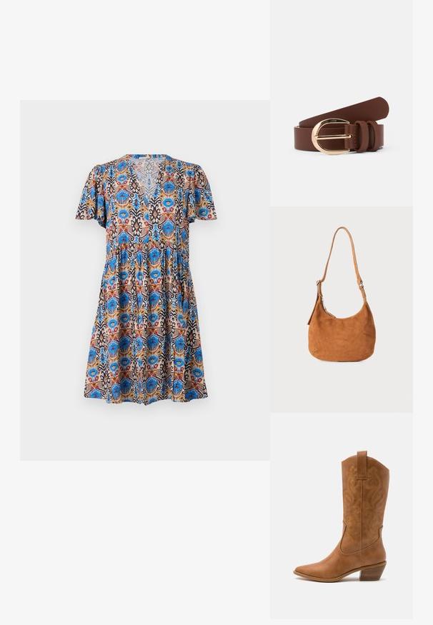 Vestido de manga corta con un colorido estampado floral que presenta tonos en azul, rojo y beige, con escote en V y diseño de falda en capas.; Bota de vaquero de cuero marrón claro con punta afilada, patrones de espiral bordados en el tubo y un tacón bloque apilado. Cuenta con una pestaña de agarre para facilitar su uso.; Bolso de hombro de ante marrón claro con un diseño curvado, correa ajustable, cremallera metálica y detalle de logo en relieve en la parte frontal.; Cinturón de cuero marrón con una hebilla dorada brillante y dos lazos de cuero. Textura suave, diseño plano y extremos redondeados.