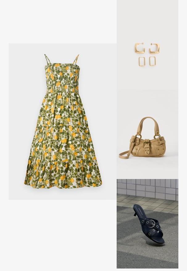 Blumenkleid mit gerafftem Oberteil, grünem und gelbem Zitronenprint, Spaghettiträgern und einem gestuften Rock mit Rüschensaum.; Schwarze Sandale mit Absatz und gekreuzten Riemen, die silberne Ösen und eine runde Schnalle aufweisen, auf strukturiertem Pflaster nahe einer gefliesten Wand platziert.; Beige Lederhandtasche mit doppelten Griffen, Messingschnalle und Nieten, sowie verstellbarem Schultergurt vor weißem Hintergrund.; Zwei Paare goldfarbener geometrischer Creolen auf einer schlichten weißen Oberfläche, ein Paar quadratisch und massiv, ein Paar rechteckig und hohl.