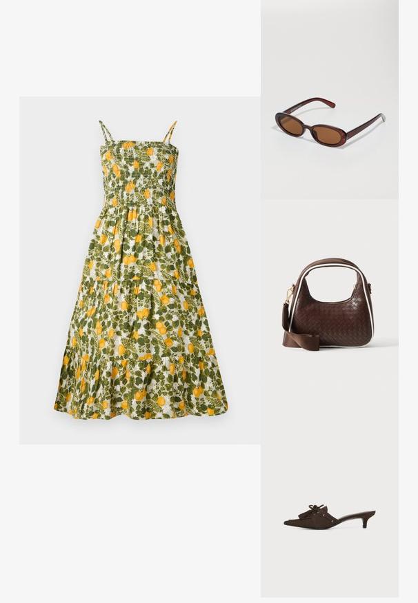 Blumenkleid mit gerafftem Oberteil, grünem und gelbem Zitronenprint, Spaghettiträgern und einem gestuften Rock mit Rüschensaum.; Dunkelbrauner Wildleder-Mule mit niedrigem Kittenabsatz, dekorativen Quasten und Spitzen-Detail auf weißem Hintergrund.; Runde, braun getönte Sonnenbrillen mit einem glänzenden burgunderfarbenen Rahmen. Schlanke Bügel mit dezentem Branding. Flaches Linsendesign.; Braune gewebte Lederhandtasche mit weißer Paspel, goldenem Reißverschluss und abnehmbarem braunem Stoff-Schulterriemen.