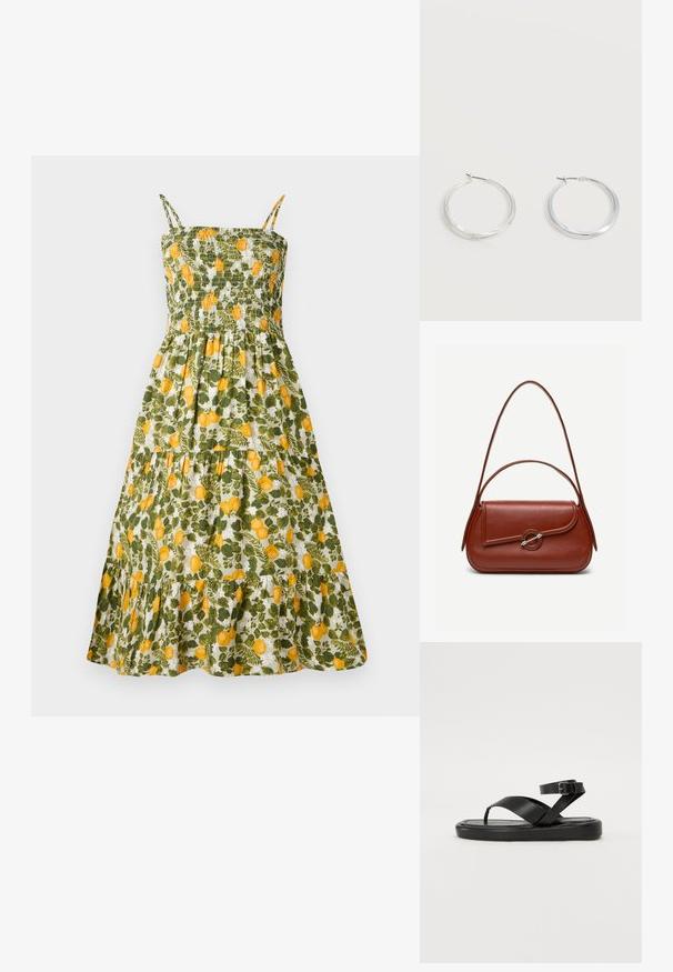 Blumenkleid mit gerafftem Oberteil, grünem und gelbem Zitronenprint, Spaghettiträgern und einem gestuften Rock mit Rüschensaum.; Schwarze Leder-Sandalen mit flacher Sohle, ausgestattet mit einem Zehensteg und einem Kreuzriemen-Design, verstellbarem Knöchelriemen mit einer Metall-Schnalle.; Braune Leder-Schultertasche mit abgerundeter rechteckiger Form, asymmetrischer Klappe, silbernem runden Verschluss und zwei dünnen Riemen.; Silberne Metallcreolen mit glatter, leicht gebogener Oberfläche und Klappverschluss vor schlicht weißem Hintergrund.