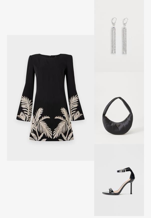 Schwarzes Kleid mit ausgestellten Ärmeln, verziert mit goldenen, gestickten Palmblattmotiven am Saum und an den Ärmeln. Hergestellt aus glattem Stoff.; Schwarzer Riemchensandale aus Lackleder mit hohem Absatz und Knöchelriemen. Verfügt über ein minimalistisches Design, offene Zehenpartie und eine Schnalle mit Strassakzenten.; Schwarze Satin-Handtasche mit geschwungener Form, ausgestattet mit einem Reißverschluss und einem dreieckigen Metallsymbol auf der Vorderseite. Glatte Textur und elegantes Design.; Silberne Ohrringe mit zwei länglichen Stäben, die jeweils mit kleinen, klaren Strasssteinen in einem linearen Muster besetzt sind. Mit Klappverschluss.