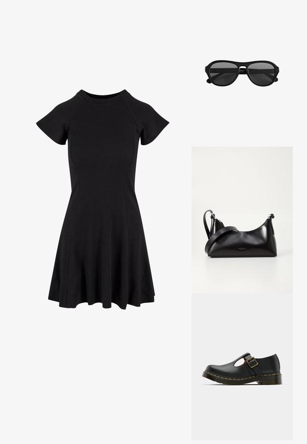 Vestido negro de manga corta con un cuerpo ajustado y falda acampanada, hecho de un tejido suave y elástico. Diseño sencillo sin patrones ni acentos.; Zapato de cuero negro con punta redondeada, tira de tobillo y hebilla, tacón bajo y costura amarilla a lo largo de la suela. Textura lisa en toda su superficie.; Gafas de sol con montura de plástico negra, lentes tintadas oscuras y puente estrecho, mostradas de frente sobre un fondo blanco.; Bolso de mano de cuero negro con una textura suave. Cuenta con una correa ajustable y un diseño elegante y minimalista con cierre de cremallera.