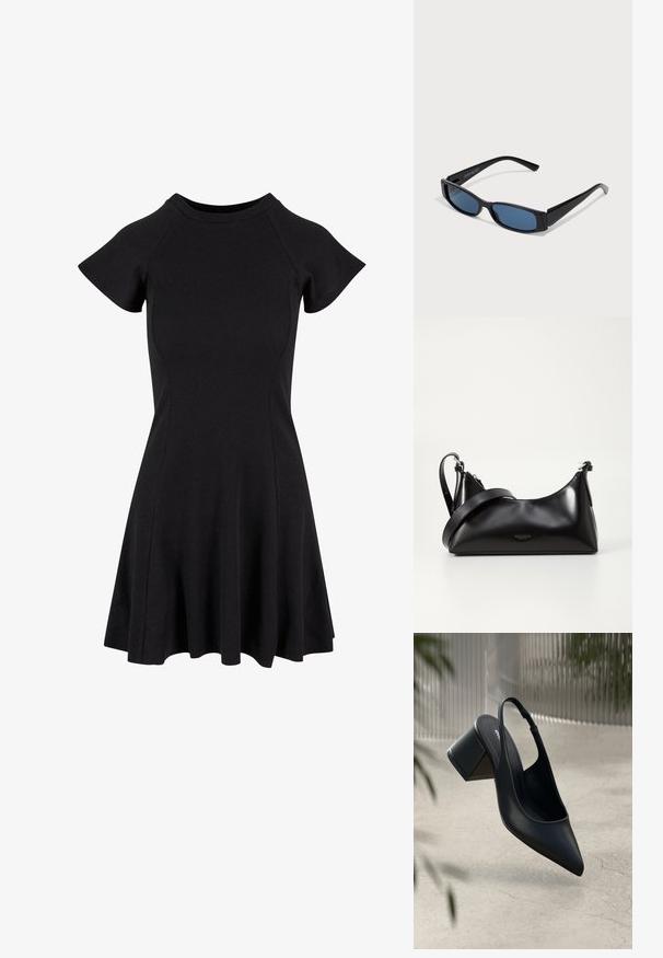 Zwart jurk met korte mouwen en een getailleerde bovenkant met een uitlopende rok, gemaakt van een gladde, rekbare stof. Eenvoudig ontwerp zonder patronen of accenten.; Zwarte leren slingback hak met een spitse neus en een blokhak. Glad oppervlak, minimalistisch ontwerp en verstelbare enkelband.; Zwarte zonnebril met een slank rechthoekig frame en blauwe lenzen. Heeft een gladde textuur en stevige pootjes. Merklogo aan de zijkant.; Zwarte leren handtas met een gladde textuur. Beschikt over een verstelbare schouderband en een strak, minimalistisch ontwerp met een ritssluiting.