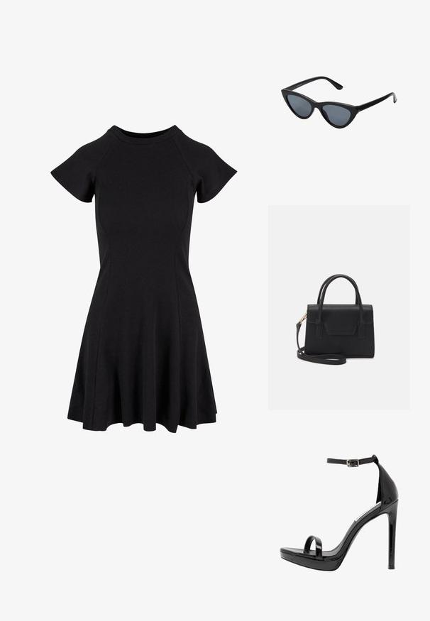 Robe noire à manches courtes avec un corsage ajusté et une jupe évasée, réalisée dans un tissu lisse et extensible. Design simple sans motifs ni accents.; Steve Madden MILANO - Sandales à talons hauts - black; Lunettes de soleil noires en forme d'œil de chat avec des verres gris foncé, monture en plastique élégante, coins pointus et branches droites. Pas de métal visible ni d'accents.; Sac à main structuré noir en cuir avec une poignée supérieure, une bandoulière détachable et un détail à rabat à l'avant. Accents en matériel doré.