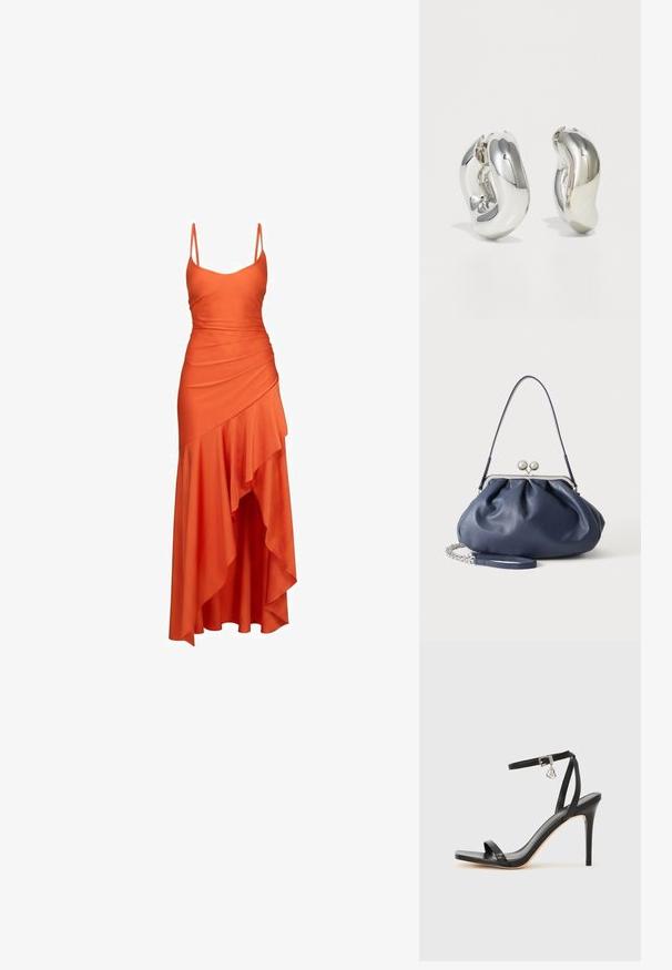 Robe orange sans manches avec fines bretelles, corsage ajusté et ourlet asymétrique à volants tombant mi-mollet.; Sandale à talon haut noire avec une bride étroite à la cheville, bout carré, cuir lisse et accent de boucle métallique.; Sac à main en cuir bleu marine doux avec fermeture à boucle argentée, une seule bandoulière, et une chaîne de poignet amovible sur fond blanc.; Boucles d'oreilles sculpturales en argent avec des formes douces et courbes et des surfaces réfléchissantes. Présentent un design de boucle fermée et une forme organique distincte.