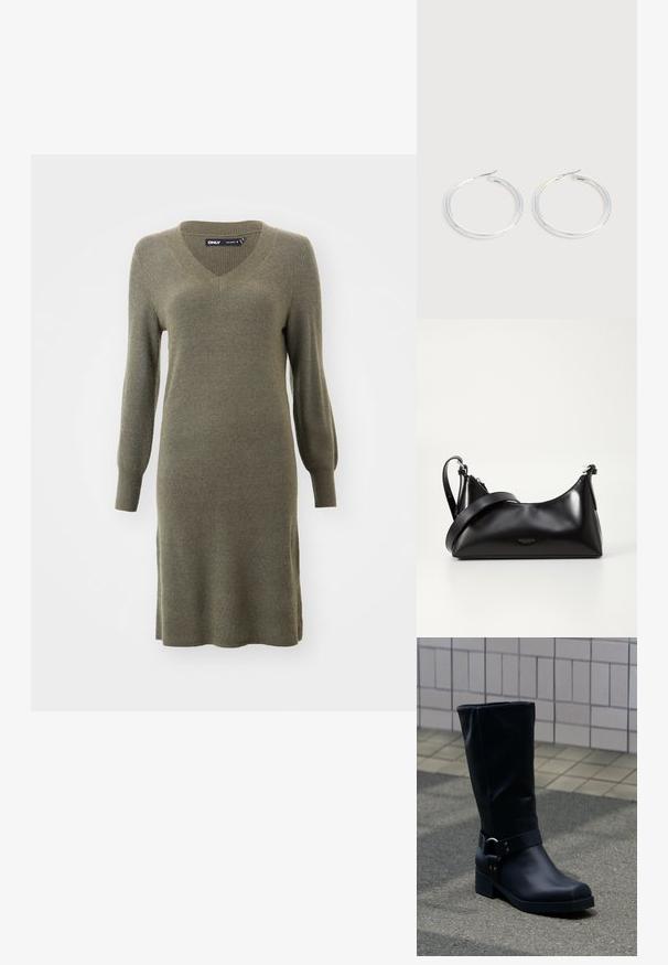 Olive rohelise värvi kudum dress, millel on V-kaelus ja pikad varrukad, rõhutatud vormiga torso ja lõdvestunud istuvus puusade piirkonnas, ribakujuline tekstuur.; Must nahktõlvik keskmise vasikaosa kõrgusega, madala plokksanga ja kaunistava metallkinnitusega rihmaga ümber pahkluu, plaaditud kõnniteel.; Mustmust nahkaga kott sileda tekstuuriga. Omab reguleeritavat rihma ja sujuvat, minimalistlikku disaini, millel on lukuga sulgemine.; Paari läikiva hõbedase rõngaskujulise kõrvarõngastega, millel on õhukesed traatlukkud, kuvatud heleda halli taustal.