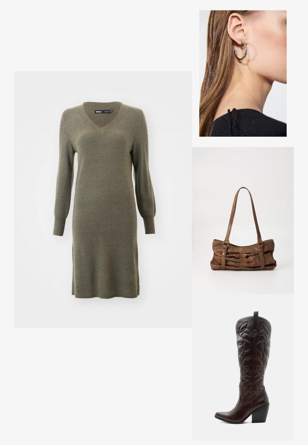 Olive rohelise värvi kudum dress, millel on V-kaelus ja pikad varrukad, rõhutatud vormiga torso ja lõdvestunud istuvus puusade piirkonnas, ribakujuline tekstuur.; Kõrge tumepruun nahast kauboi saabas, millel on õmmeldud dekoratiivsed mustrid, terava varbaosaga ja kuhjatud plokk-kontsaga.; Even&Odd Käekott - brown; Hõbedane rõngas kõrvarõngas poleeritud viimistlusega, millel on väikesed kuldsed aktsendid ja ümmargune kuju, kantud lobus.
