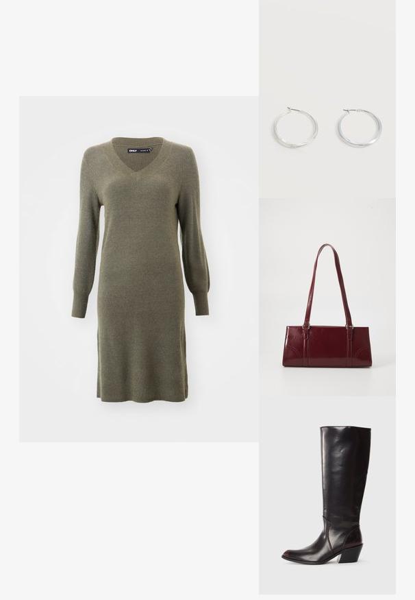 Olive rohelise värvi kudum dress, millel on V-kaelus ja pikad varrukad, rõhutatud vormiga torso ja lõdvestunud istuvus puusade piirkonnas, ribakujuline tekstuur.; Knee-high, tumepruun nahkast king varvastega, nurgelise plokk-kandiga ja siledast, läikivast tekstuurist. Omab puhast disaini ja õmblustehnikat.; Burgundia värvi käekott, mis on valmistatud läikivast materjalist, ristküliku kujuline, kahe õlapaelaga ning ees on peened kaarjad aktsendid.; Hõbedased metallist rõngakujulised kõrvarõngad, millel on sile, kergelt kaarduv pind ja lukustuvad tagused kinnitused, valgel taustal.