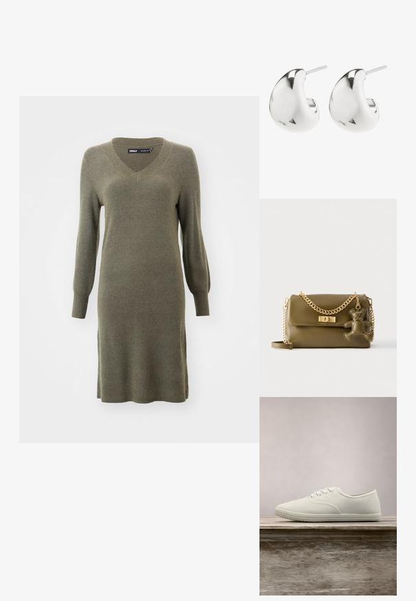 Olijfgroene gebreide jurk met een V-hals en lange mouwen, met een getailleerd lijfje en een losse pasvorm bij de heupen, geribbelde textuur.; Witte canvas sneakers met een ronde neus, zes veterogen en een gestructureerde rubberen zool, zwevend boven een houten oppervlak met groene gras op de achtergrond.; Handtas van olijfgroen kunstleer met een gouden kettingband, voorzien van een magnetische sluiting en een teddybeerbedel. Glad oppervlak.; Zilveren oorbellen met een soepel, gebogen ontwerp. Ze hebben een gepolijste afwerking en een stekkerbevestiging voor veilige draag.