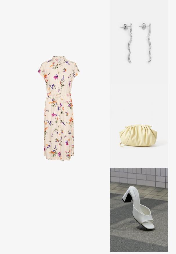 Blumenkleid mit Kragen und kurzen Ärmeln, aus cremefarbenem Stoff, der mit bunten Blumen verziert ist, und einer gebundenen Taille für eine perfekte Passform.; Ein weißer offener Mule mit Blockabsatz steht auf grauem Asphalt vor einer gefliesten Wand.; Gelbe, gefaltete Handtasche aus glattem Kunstleder mit weicher Form, einzigem Schulterriemen und gerafftem Oberteil.; Silberne Metallohrringe mit gewelltem Design, die aus zwei miteinander verbundenen, länglichen Elementen bestehen. Glatte Textur und polierte Oberfläche. Steckverschluss.