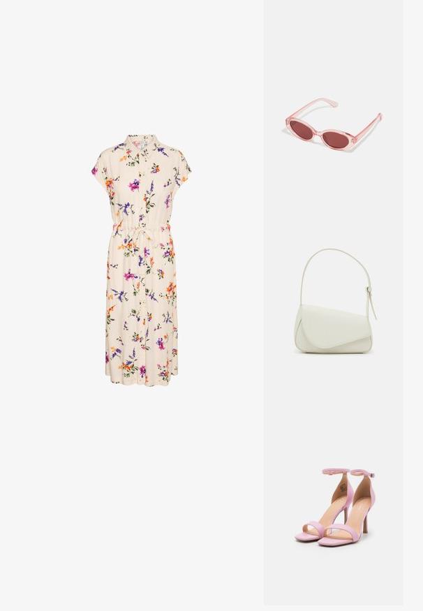 Vestido floral con cuello camisero y mangas cortas, confeccionado en una tela crema adornada con flores de colores y con una cintura atada para un mejor ajuste.; Sandalias de tacón alto rosas con un diseño elegante, que cuentan con una delgada correa en el tobillo y punta abierta. Material sintético suave, tacón de aguja.; Gafas de sol transparentes rosas con lentes ovalados, tinte rojo oscuro y varillas delgadas, con un acabado suave y detalles sutiles en la montura.; Bolso de mano de imitación cuero blanco con una forma triangular estructurada, correa ajustable única y cierre con solapa acentuada en curva.