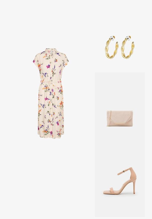 Vestido floral con cuello camisero y mangas cortas, confeccionado en una tela crema adornada con flores de colores y con una cintura atada para un mejor ajuste.; Sándalo de tacón alto en color nude con punta cuadrada, que cuenta con una sola tira en el dedo y una tira en el tobillo asegurada por una hebilla dorada. Textura de cuero suave.; Clutch de ante beige con una cadena dorada y un acento de hardware rectangular. Presenta una solapa que se pliega con bordes en ángulo y detalle de costura.; Pendientes de aro retorcidos en oro con una superficie lisa, que cuentan con un respaldo transparente y herrajes en tono dorado.