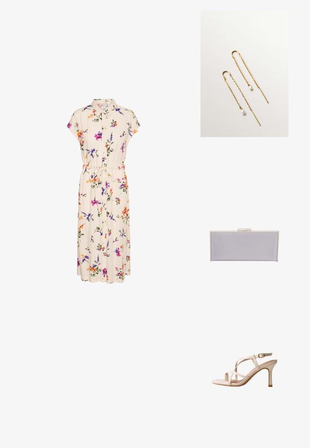 Vestido floral con cuello camisero y mangas cortas, confeccionado en una tela crema adornada con flores de colores y con una cintura atada para un mejor ajuste.; Sandalia de tacón alto beige con finas tiras cruzadas y una correa ajustable en el tobillo con una hebilla dorada.; Clutch rectangular de lavanda hecho de material texturizado con bordes lisos. Presenta un cierre de clasp plateado en la parte superior.; Pendientes de hilo dorados con cadenas delicadas y pequeñas perlas blancas, presentados sobre un fondo blanco liso.