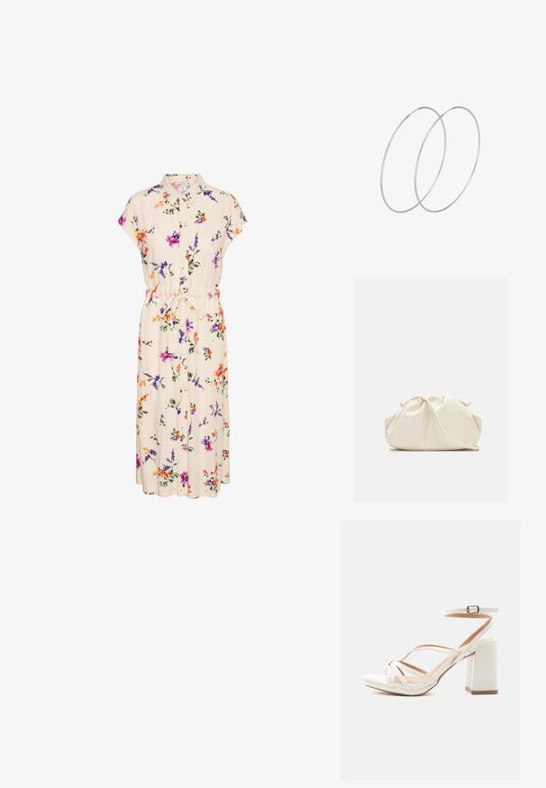 Blumenkleid mit Kragen und kurzen Ärmeln, aus cremefarbenem Stoff, der mit bunten Blumen verziert ist, und einer gebundenen Taille für eine perfekte Passform.; Weiße Sandale mit offenem Zehenbereich, Blockabsatz, gekreuzten Riemen und Knöchelschnalle auf schlichtem hellgrauem Hintergrund.; Weiche, cremefarbene Leder-Clutch mit gerafftem Design und einem dünnen Schulterriemen, der vorne auf einem schlichten Hintergrund liegt.; Silberne Creolen mit minimalistischem Design. Rundform, glatte Oberfläche und dünnes Profil. Leichtgewichtig mit hochglänzender Oberfläche.