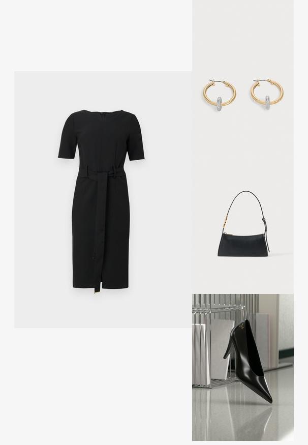 Vestido negro de longitud a la rodilla con mangas cortas, escote redondo y un cinturón de tela a juego atado en la cintura.; Zapato de tacón alto negro con punta afilada y logo dorado, colocado sobre una superficie reflectante cerca de un organizador de archivos de alambre cromado con documentos.; Bolso de mano de cuero negro con cremallera dorada y correa ajustable con detalles rectangulares dorados sobre un fondo blanco.; Par de pendientes de aro en tono dorado con pequeño detalle de aro en tono plateado en cada uno, expuestos sobre un fondo gris claro.