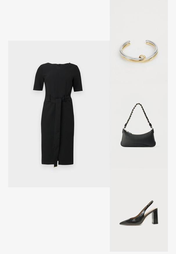 Sort knælang kjole med korte ærmer, en rund halsudskæring og et matchende stofbælte bundet i taljen.; Sort læder peep-toe slingback sko med høj blokhæl og beige indvendig foring mod en ensfarvet lys baggrund.; Sort skuldertaske i læder med en buet rektangulær form, gyldent kæde vævet ind i en flettet sort rem og toplynlås.; Metal cuff armbånd med sammenflettede sølv- og guldstrimler med en glat, poleret overflade. Bemærkelsesværdig knude-detail i midten.