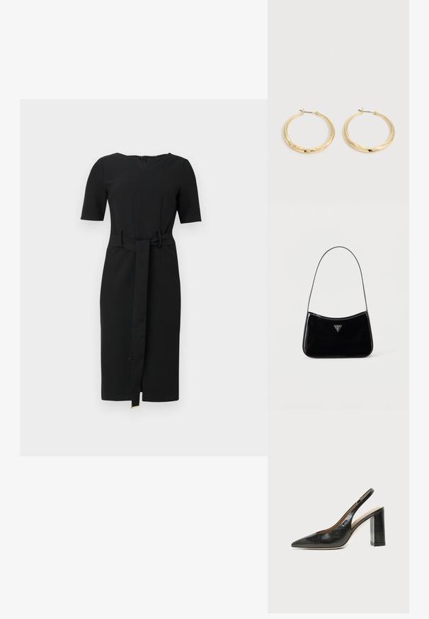 Schwarzes knielanges Kleid mit kurzen Ärmeln, rundem Ausschnitt und einem passenden Stoffgürtel, der in der Taille gebunden ist.; Schwarzer Leder-Slingback-Schuh mit spitzer Kappe, hohem Blockabsatz und beigegefüttertem Innenraum vor hellem, einfarbigem Hintergrund.; Schwarze Schultertasche aus Lackleder mit schmalem Riemen, dreieckigem Guess-Logo vorne und einem Reißverschluss oben.; Paar polierte goldene Creolen mit dünnen Stegen und Klappverschlüssen, auf einem schlichten hellgrauen Hintergrund präsentiert.