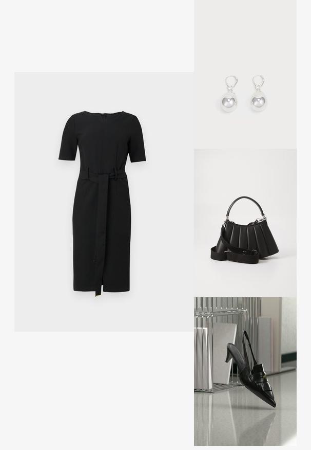 Vestido negro de longitud a la rodilla con mangas cortas, escote redondo y un cinturón de tela a juego atado en la cintura.; Zapato de tacón destalonado de cuero negro con puntera puntiaguda, flecos y detalle de botón dorado sobre un suelo reflectante cerca de soportes metálicos para archivos.; Bolso de mano negro con pliegues, manejo redondeado, correa ajustable y textura brillante. Presenta herrajes plateados y una silueta estructurada.; Pendientes de plata en forma de gota con superficies redondas y reflectantes colgando de cierres de palanca. El fondo es blanco liso.