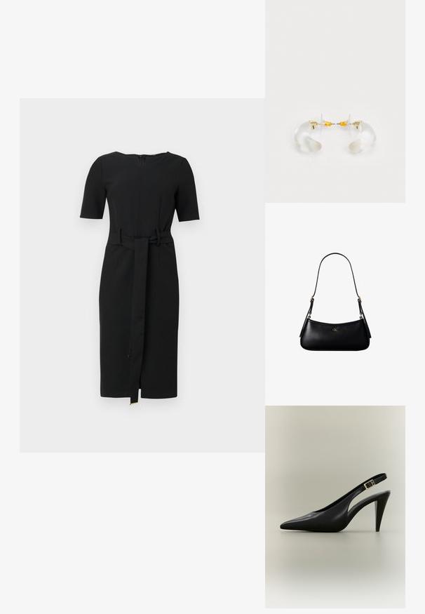 Sort knælang kjole med korte ærmer, en rund halsudskæring og et matchende stofbælte bundet i taljen.; Sort læder slingback med spids tå, høj hæl, guldlås og tilspidset hæl på en neutral baggrund.; Sort læder mini skuldertaske med tynd rem og lille gyldent CK-logo på fronten i midten.; Klare akryl hoops øreringe med guld accenter, der har et buet design og en transparent lås. Glat tekstur, minimalistisk stil.