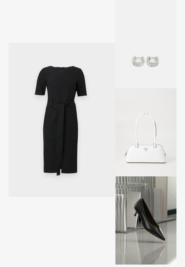Schwarzes knielanges Kleid mit kurzen Ärmeln, rundem Ausschnitt und einem passenden Stoffgürtel, der in der Taille gebunden ist.; Schwarzer Leder-Kitten-Heel-Schuh mit spitz zulaufender Spitze, der über einem grau gesprenkelten Boden schwebt, neben einem Metall-Ordnerhalter mit Ordnern.; Weiße Lederhandtasche mit geschwungener Form, versehen mit einem silbernen dreieckigen Logo und einem Reißverschluss. Glatte Textur und zwei Griffe.; Guess STYLISH - Ohrringe - silver-coloured