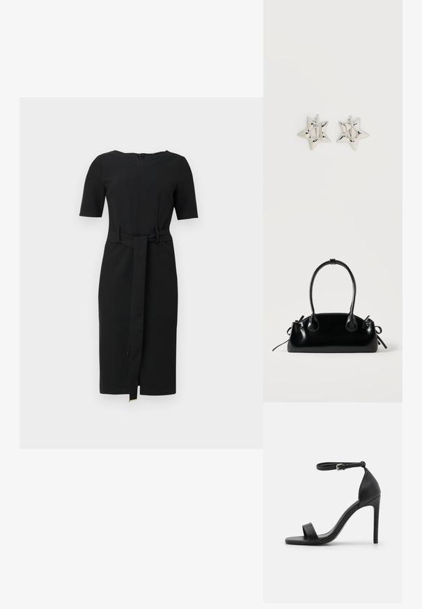 Sort knælang kjole med korte ærmer, en rund halsudskæring og et matchende stofbælte bundet i taljen.; Sort højhælet sandal med et sleek design, der har en ankelrem, åben tå og glat lædertekstur.; Lille sort blank håndtaske med to lange håndtag og snøre-detaljer i siden på en ensfarvet lys baggrund.; Sølv stjerneformede øreringe med en glat, poleret finish på en ensfarvet hvid baggrund.