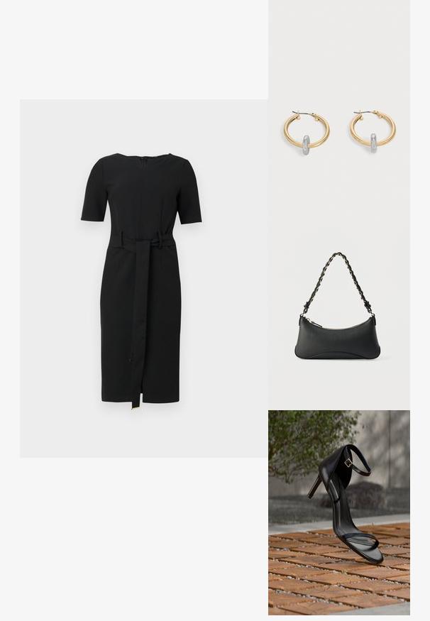 Schwarzes knielanges Kleid mit kurzen Ärmeln, rundem Ausschnitt und einem passenden Stoffgürtel, der in der Taille gebunden ist.; Schwarze Sandalette mit hohem Absatz und Knöchelriemen schwebt über einem Holzboden im Freien vor verschwommenem Grün und Steinhintergrund.; Schwarze Lederschultertasche mit gewölbter rechteckiger Form, goldener Kette, die in den geflochtenen schwarzen Riemen eingewebt ist, und Reißverschlussverschluss oben.; Paar goldfarbene Creolen mit kleinem silberfarbenem Schlaufen-Detail an jeder, vor hellem grauem Hintergrund präsentiert.