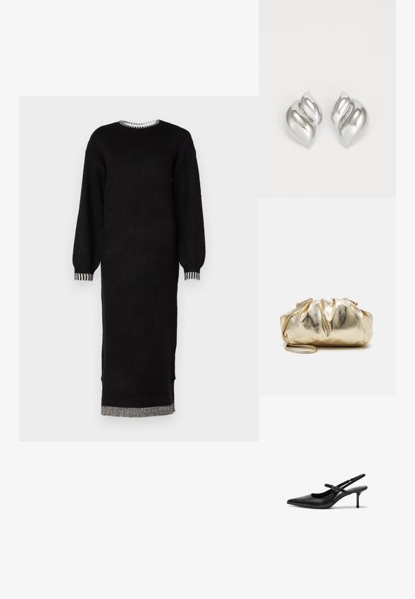 Musta neulemekko, jossa on pitkät hihat, pyöreä pääntie ja raidalliset yksityiskohdat hihansuissa ja helmassa, suora, midi-pituinen malli.; Musta nahkainen slingback-korkokenkä, jossa on terävä kärki, hoikka säädettävä hihna ja noin 2 tuuman stiletto-korko, sileä pinta.; Kultainen metallinen käsilaukku, jossa on ryppyinen pinta, pehmeä pyöreä muoto ja irrotettava ketjuolkapanta. Huipulla on poimutettu muotoilu.; Hopeakoru, jolla on orgaaninen, abstrakti muoto. Sileä, kiiltävä pinta ja kapeneva muotoilu. Korussa on hienovaraisia kaaria ja keskeinen viivayksityiskohta.