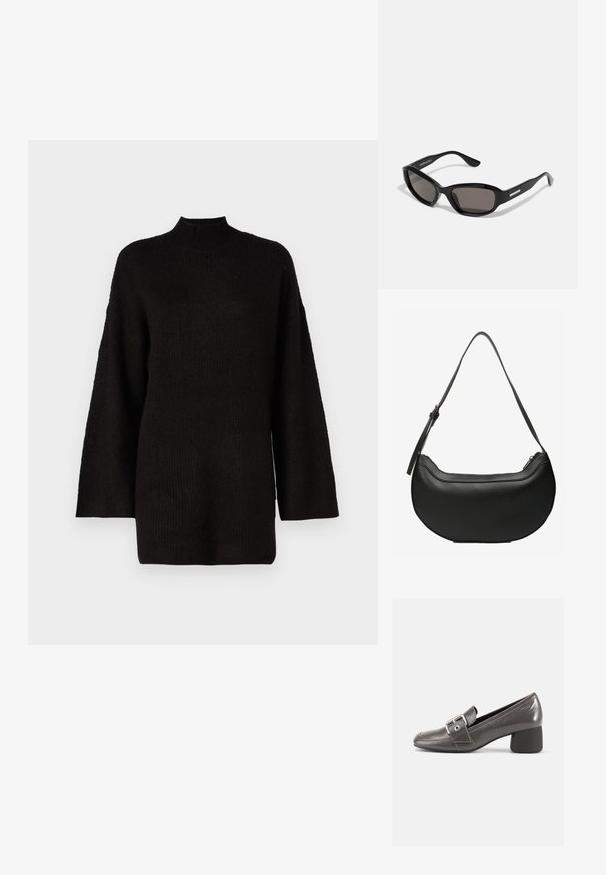 Schwarzer oversized Strickpullover mit hohem Stehkragen und langen Ärmeln, der mit einem strukturierten Stoff für zusätzlichen visuellen Reiz ausgestattet ist.; Schwarzer Lederschuh mit mittelhohem Absatz und abgerundetem Zehenbereich, mit dekorativem Schnallenriemen und strukturierter Oberflächenoptik.; Schwarze Sonnenbrille mit rechteckigem Rahmen, dunklen Gläsern, glattem Kunststoffmaterial und einem metallischen Akzent am Bügel.; Schwarze, halbmondförmige Lederschultertasche mit langem, verstellbarem Riemen und Reißverschluss oben.