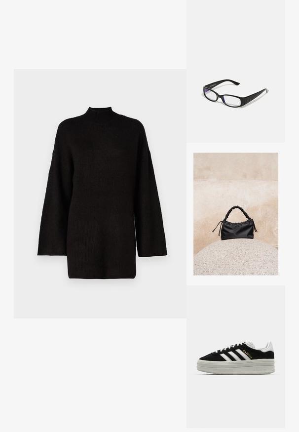 Suéter negro de gran tamaño de punto con un cuello vuelto alto y mangas largas, que presenta una tela texturizada para mayor interés visual.; Zapatillas negras de ante con detalles en cuero blanco, tres rayas blancas, cordones planos y una gruesa suela de plataforma gris. Marca "Gazelle" en dorado.; Gafas rectangulares negras con lentes transparentes. Acabado brillante, varillas estrechas y tinte púrpura visible en los bordes de los lentes.; Bolso negro fruncido con asa recogida, apoyado sobre una esfera de piedra texturizada frente a una pared de hormigón beige.