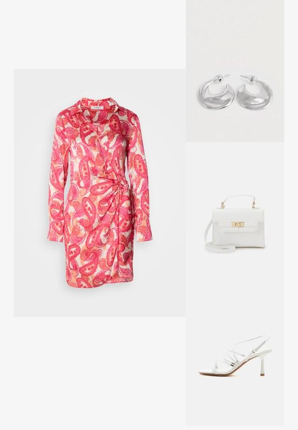 Vestido de manga larga en tejido ligero con un estampado de paisley rosa, que presenta un cuello con solapa y un detalle anudado en el costado.; Sandalia blanca de tacón alto con tiras finas, detalles plateados, puntera cuadrada y un tacón delgado de altura media sobre un fondo blanco liso.; Call it Spring BULLETPROOFF - Bolso de mano - white synthetic smooth; Un par de pendientes de aro en forma de media luna pulidos en plata, con respaldos de plástico transparente, sobre una superficie blanca.