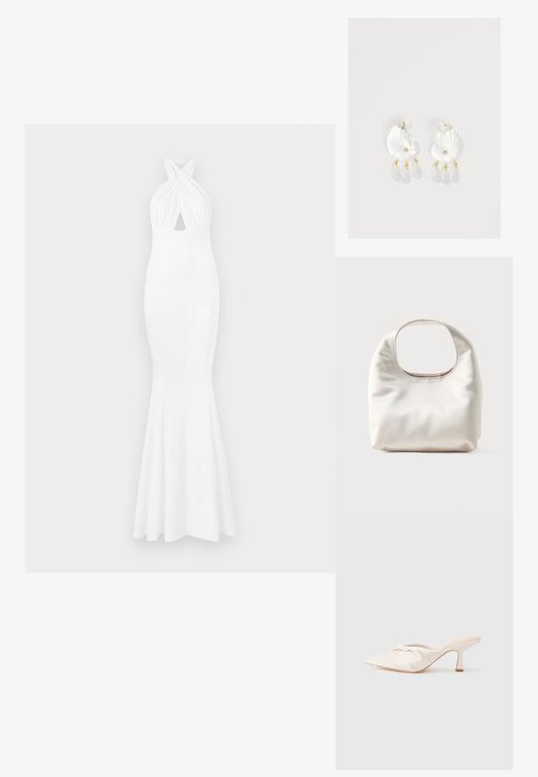 Robe de soirée blanche avec un corsage ajusté, col halter, détail frontal torsadé et ourlet évasé. Fabriquée en tissu lisse et extensible.; Chaussure mule en tissu beige clair avec un design noué à l'avant, bout pointu et talon fin et effilé. Texture lisse dans l'ensemble.; Sac à main blanc doux avec une poignée rectangulaire arrondie et une texture souple et lisse sur un fond clair.; Boucles d'oreilles en résine transparente en forme de coquillage avec de petits accents dorés et trois breloques translucides en forme de goutte pendantes sur chaque boucle d'oreille.