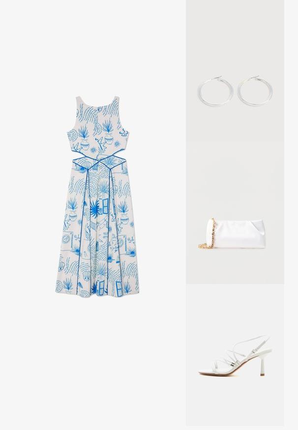 Vestido blanco sin mangas con patrones impresos en azul, que incluyen plantas y formas, con un cuerpo ajustado y un diseño de falda fluida.; Sandalia blanca de tacón alto con tiras finas, detalles plateados, puntera cuadrada y un tacón delgado de altura media sobre un fondo blanco liso.; Bolso de mano suave blanco con correa de cadena dorada adornada con piedras preciosas transparentes, sobre un fondo liso de color gris claro.; Pareja de pendientes de aro plateados brillantes con cierres de alambre delgado, mostrados sobre un fondo gris claro.